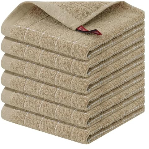 MAKOMAKI Confezione da 6 strofinacci da cucina in 100% spugna di cotone, ultra morbidi e assorbenti per lavare i piatti, 30,5 x 30,5 cm (beige)