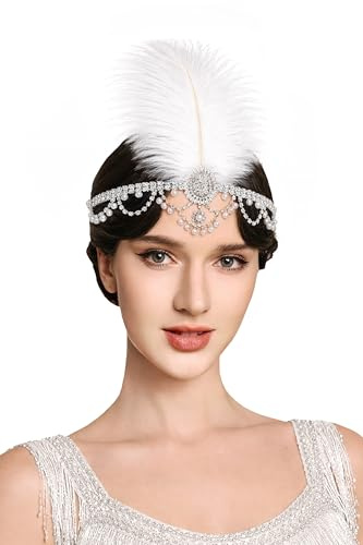 BABEYOND Flapper-pannband, vintage fjäderhårstycke med strass, stormande 20-talet Gatsby-huvudbonad för kvinnor (silver)