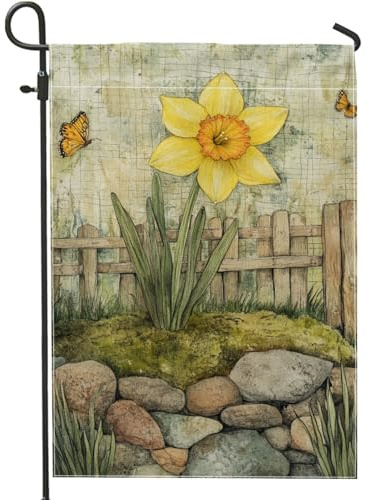 Bandera de jardín de narcisos, valla de mariposa natural, arpillera amarilla, banderas exteriores decorativas de doble cara para patio al aire libre, césped, porche delantero, balcón, 12 x 18 pulgadas