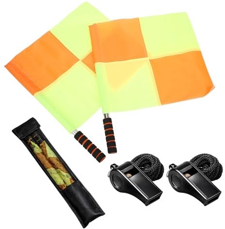 Referee Flags, Referee Kit, 5 Pcs Referee kit with 2 Flags and 2 Whistles and 1 Storage Bag, Essential Equipment for Football Matches and Leagues, Complete for Easy Transport, for Football Enthusiasts