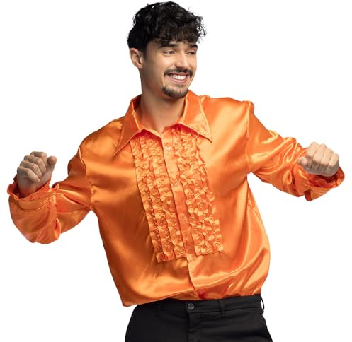 Boland - Discoskjorta med volanger, orange, för män, kostym, festskjorta, slagverksrörelse, 70-talet, temafest, karneval