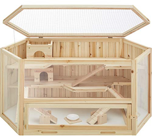 tectake® Hamsterbur av trä, 115 x 60 x 58 cm, 3 ramper, plexiglasskivor | flera våningar, fällbart takgaller, inbyggd låda, vippbräda, matskål, smådjursbur för gnagare, lätt att städa