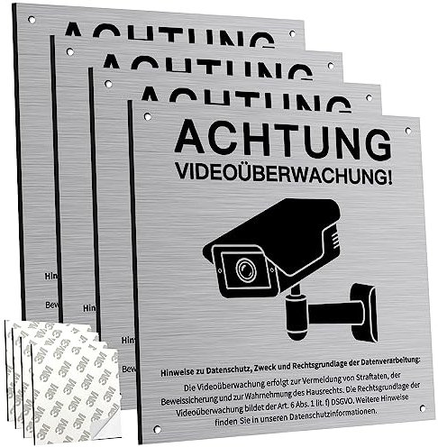 4 Stück Videoüberwachung Schild, Schild Videoüberwachung Privatgrundstück, Achtung Videoüberwachung Schild, 15x15cm Aluminium Kamera überwachung Schild, mit Selbstklebend und 4 Bohrlöcher, Warnschild