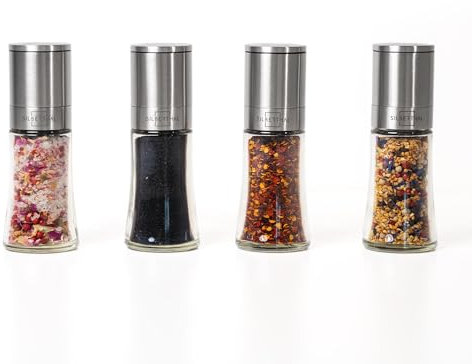 SILBERTHAL Gewürzmühlen 4er Set - verstellbares Keramikmahlwerk - Aromadicht - Salz- & Pfeffermühlen aus Glas und Edelstahl - Unbefüllt & Nachfüllbar