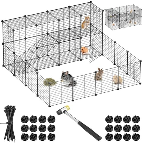 BAKAJI Recinto per Animali di Piccola Taglia Personalizzabile in Metallo, Recinzione Componibile per Porcellini d'India, Criceti, Conigli, Cincillà, per Interni ed Esterni (143 x 71 x 46 cm 2 Piani)
