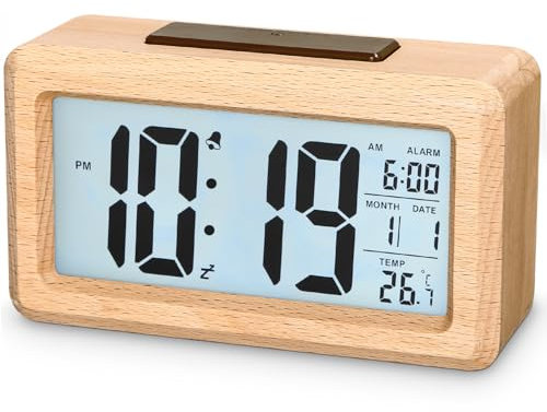 Exyvox Digitaler Wecker, Holzwecker mit Sensormodulen, Tischuhr mit großem Display, Datum, Temperaturanzeige, Nachtlicht, Digitaluhr mit Schlummermodulen, für Schlafzimmer, Bett, Zuhause