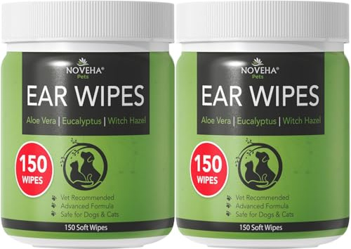 NOVEHA 300PCs Dog Ear Cleaner Wipes, Daily Ear Cleaner for Dogs & Cats - Stop Ear Itching with Aloe, Eucalyptus & Witch Hazel Ear Wipes for Dogs - for Odor Control, Dirt and Wax Removal, Unscented