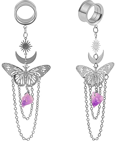 DOEARKO Flesh Tunnel Dilatatore Orecchio in Acciaio Inossidabile Farfalla Dangle Ciondolo Gioielli Ear Stretching Piercing per Uomini e Donne 8 mm a 16 mm (Argento, 14MM)