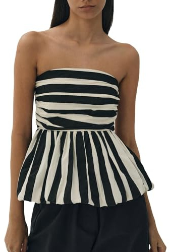 Tops Peplum sin Tirantes for Mujer, Top Bandeau con Estampado de Rayas, Fruncido, sin Espalda, Recortado, con Burbujas, for Salir en Verano(Nero,XL)