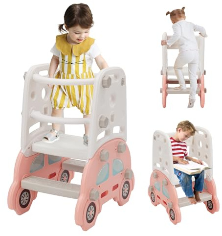 Torre de Aprendizaje para Niños,Torre de Aprendizaje de Madera para Bebés de 1 a 6 Años,Protección Antivuelco y Barra de Seguridad - para Baño,Habitación Infantil y Cocina,Blanco