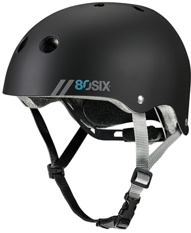 80SIX Skaterhelm Fahrradhelm für Kinder, Jugendliche, Erwachsene–Zertifiziert (CE EN1078)–Schutzhelm mit verstellbarem Drehverschluss für Scooter, Skateboard, BMX und Inline Skates–JX/XS–Schwarz Matt