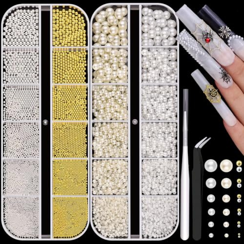 2 lådor med nageldekorationer, nagelkonst pärlor mikro kaviar för naglar, 0,3-3 mm gyllene silver mini kaviar strass, vit beige mini nagelpärlor mikropärlor dekor för naglar