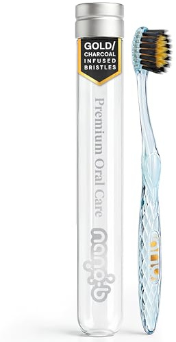 Manual Toothbrush for Adults with Sensitive Gums, Gold & Charcoal Soft/Medium Bristles, Travel Case, Blue