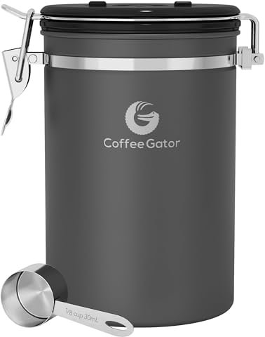 Coffee Gator Coffee Canister Airtight 1900 mL, Stainless Steel Kitchen Food Storage Container with Date Tracker, CO2 Valve, Scoop for Grounds Coffee, Beans,Tea, Sugar, Flour, Snacks