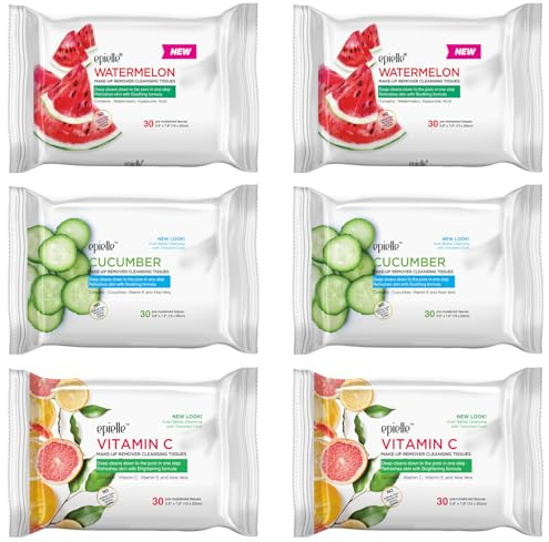 Epielle Makeup Remover Wipes, Remove Dirt, Oil, Waterproof Mascara, Gentle Daily Facial Cleanser Towelettes with Vitamin C, Watermelon & Cucumber, Hypoallergenic & Alcohol-Free, 30 Count (Pack of 6)