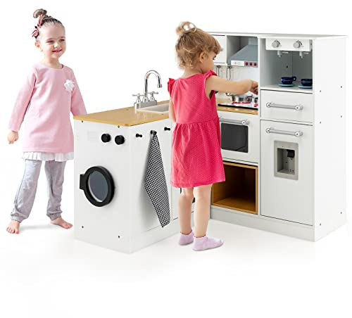 GOPLUS Grande Cuisine Enfant 2 Pièces, Cuisine de Jeu avec Lave-Linge, Machine à Glaçons, Cuisinière, Divers Accessoires, Dinette avec Effets Lumineux et Sonores pour Filles Garçons 3+ Ans (Blanc)