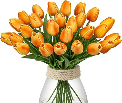 24 pcs Künstliche Blumen Tulpen, Decor Kunstblumen sehr echt, Plastikblumen Tulpen PU Latex real Touch, Gefälschte Blumen Tulpen Orange für Hochzeitszimmer Decor Wohnzimmer Büro Hotel Küche Decor