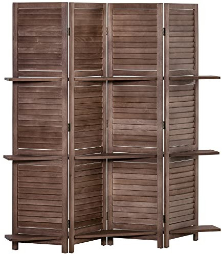 HOMCOM Paravento in legno 4 pannelli 162 x 170 cm con 3 ripiani divisorio pieghevole divisorio interno color noce