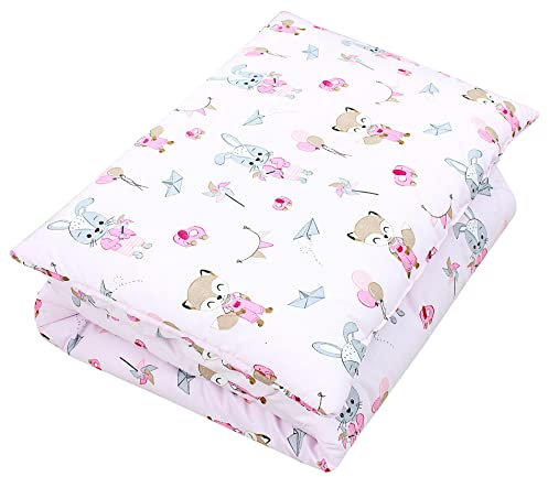 TupTam Kinder Gemusterte Bettdecken Set Ganzjahresdecke Bettdecke Kopfkissen Flachkissen 2tlg., Farbe: Fuchs/Kaninchen/Rosa, Größe: 135x100 cm