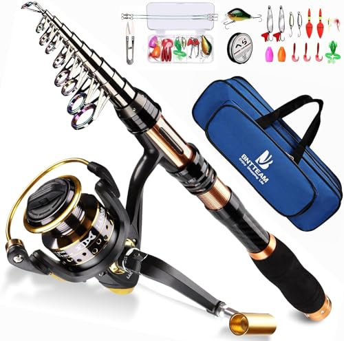 BNTTEAM Spinnrute und Rolle Combo Carbon Teleskop Angelrute 13BB Angelrolle Tasche Köder Schnur Haken Set für Reisen Surfen Salzwasser Süßwasser (B1-Full Kits, 1,81 m/180,1 cm/1,8 m)