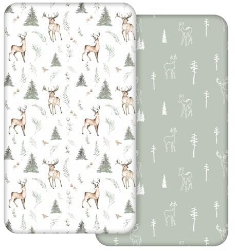 2 Stück Jersey Spannbetttuch für das Kinderbett, 100% Mikrofaser- Atmungsaktiv, 120 x 60cm Öko-text100 Gemütliche und leichte Baby Bassinet Laken, Passend für alle Bassinet Matratzenformen（Hirsch）