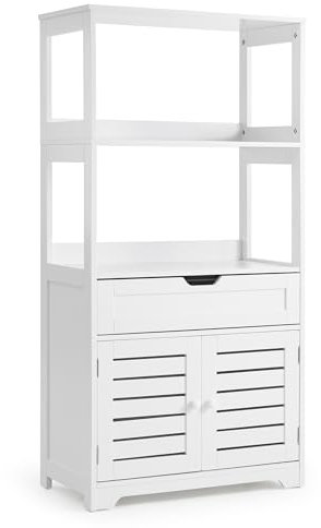 Mondeer Badezimmerschrank, Badschrank Hochschrank aus Holz mit Regal Schubladen und Türen, Modernes Design für Badezimmer Küche Flur Wohnzimmer, 60 x 30 x 119 cm, Weiß