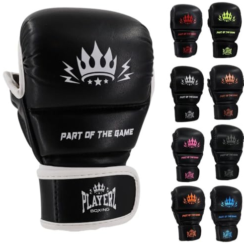 Playerz Element Kids MMA Sparring Gloves, Synthetic Leather Grappling Gloves, Side Thumb Protection, Double Wrap Closure, 1 High Tech Padded Knuckle for Young Martial Artists (Black/White, XXSmall)