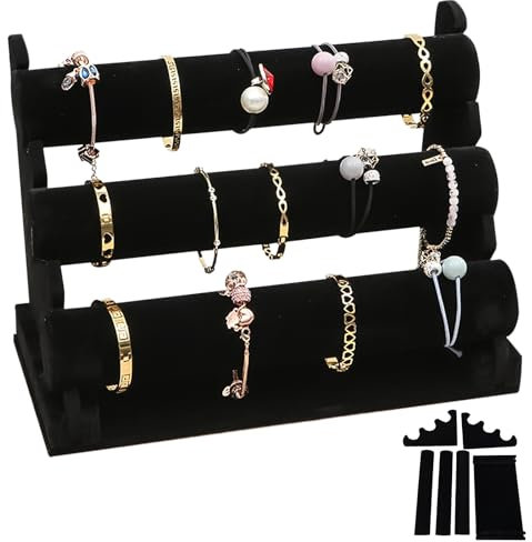WEGREAT Supporto per bracciale in velluto con 3 ripiani rimovibili: nero braccialetto espositore gioielli per donne ragazze gioielli in velluto porta gioielli per bracciale, collana e orologio