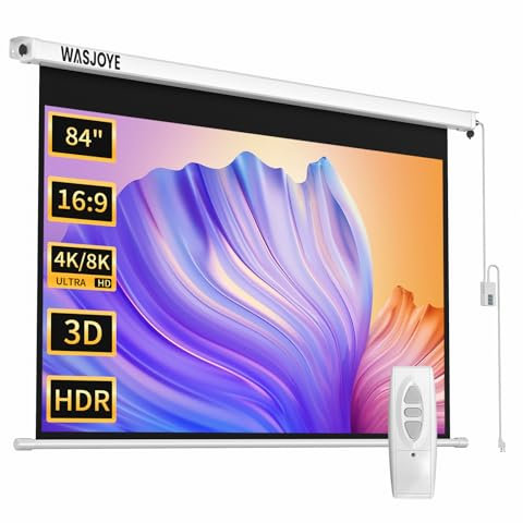 WASJOYE 84 Leinwand Beamer Elektrisch Diagonale Automatische Projektion 16:9 8K HD Filme Schirm für Heimkino Büro Videospiel Outdoor Indoor, Projector Screen W/Fernbedienung und Wand/Decke Mount