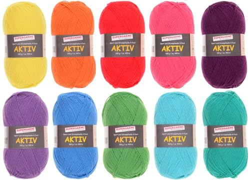 SUPERGARNE Sockenwolle Aktiv 4-fädig – 1000 g (10x100g), Strapazierfähig, Maschinenwaschbar, Made in EU, Ideal für Socken und Strickprojekt (UNI Bunt)
