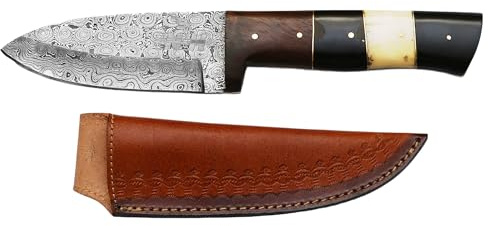 Novahaven Couteau skinner de qualité supérieure fabriqué à la main en acier de Damas - Lame de 22,23 cm avec manche en bois de rose, corne noire et os de chameau - Idéal pour la cuisine, les peaux et