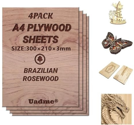 Uadme Madera Contrachapada 3mm, 4 Piezas Tablero de Madera a Medida A4 30x21cm, Laser Engraving Blanks, para Bricolaje, Pirograbado Corte por Laser CNC Router Modelado (Palosanto)