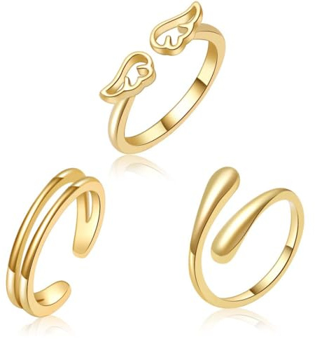 IKOPFLN Ensemble de Bagues d'Orteil en Or 14K pour Femmes Anneaux d'Orteil Réglables Anneaux d'orteil à bande Ouverte avec Ailes de l'ange Ensemble de Bijoux de Pied de Plage pour Femmes