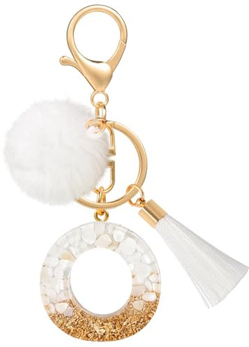 MWOOT Porte Clé Lettre O Peluche Tassel, Initial Résine Personnalisé Keychain Or Blanc, Porte Clef Lettre Pendentif Décoratif, Kawaii Porte Clef Voiture Charm, Idee Cadeau D'Anniversaire pour Femme