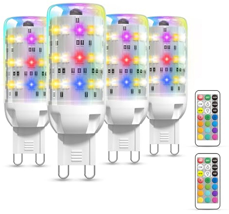 BrightWish 4 pièces Ampoule G9 LED Multicolore Dimmable, Ampoule g9 Connectée 2W, Télécommande IR, 12 Couleurs, Lumière Blanc Chaud 3000K, Ampoule LED G9 pour Salon, Chambre