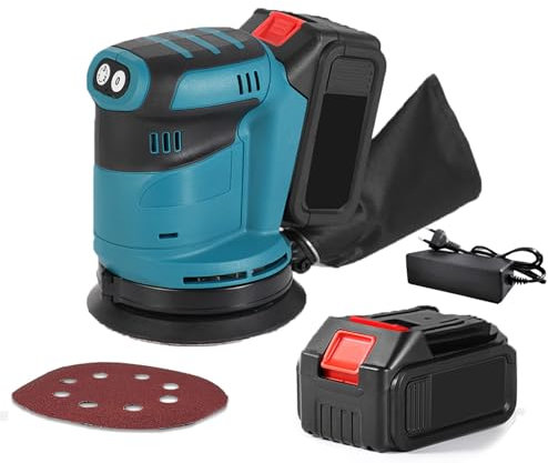 Lijadora excéntrica de 190 W, lijadora orbital excéntrica inalámbrica con 3 velocidades variables, 7000-11000 rpm, con 1 hojas de papel de lija incluidas para pulir la madera (1 batería)