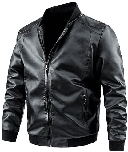 Giacca Ecopelle Uomo, Giacca Uomo in Ecopelle con Colletto Rialzato Giacca Bomber da Uomo con Chiusura Lampo Casual per Motociclisti Giubbotto Moto Estivo Giacca da Lavoro alla Moda, Classica, Nero
