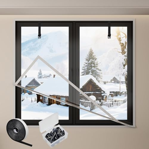 Película Aislante para Ventanas | Kit de Aislamiento Térmico Invierno | Cortina Película Transparente y Gruesa | Autoadhesiva, Reutilizable | Cubierta de Ahorra Energía(White,W95xH220cm)
