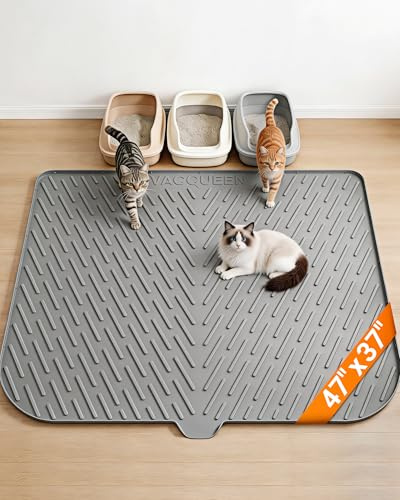 Cat Litter Box Mat, 47 x 37 Extra Large Cat Litter Mat, Silicone Waterproof Litter Trapping Mat for Scatter Control Soft on Kitty Paws Non-Slip Easy to Clean（Grey)