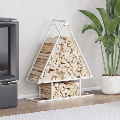 Mokuyary vedhylla, vit, 80 x 25 x 90 cm, kallvalsat stål, vedställ, trähylla för ved, trähållare, förvaringshylla för ved, vedhylla