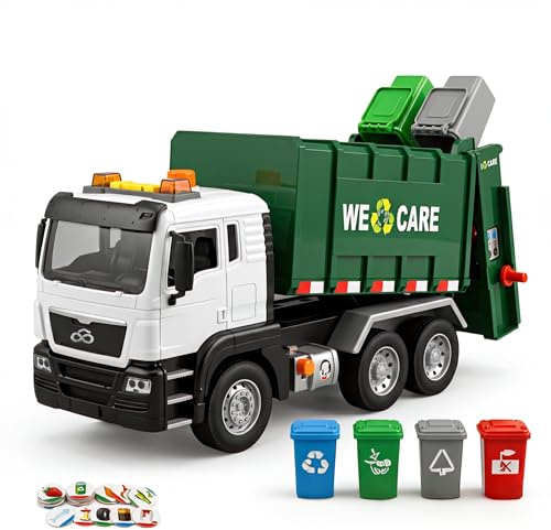 goeringii Toys for 3 4 5 6 7 8+ Years Old Boys, Garbage Truck Toy with Bins, Interactive Trucks with Sound and Light, Toy Waste Lorry, Gift for Boy Girl Kid 3 4 5 6 7 8 Year old, Green