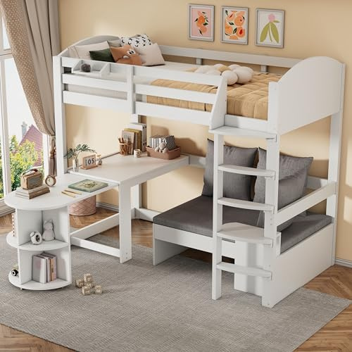 HUQIQWE Loftsäng 90 x 200 cm med stege, utdragbart bord och hylla, soffa med förvaringsutrymme, kudde, loft, bädd, av massivt trä, MDF, sängram med räcke, sängram med ribbotten