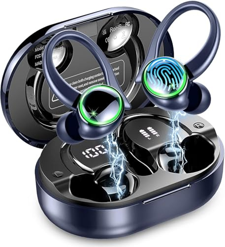 Wireless Earbuds, Bluetooth 5.4 Headphones, 50H+ Playtime Stereo Noise Canceling Headphones with 4 ENC Mic, Sport Ear buds with Earhooks, IPX7 Waterproof Wireless Earphones for Sport, Navy Blue