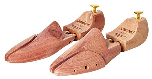 Lumaland® Premium Zedernholz-Schuhspanner für Damen und Herren | Doppelfederung für perfekte Formerhaltung, geteiltes & einstellbares Vorderblatt | Inklusive Baumwoll-Aufbewahrungsbeutel, Grösse 40/41