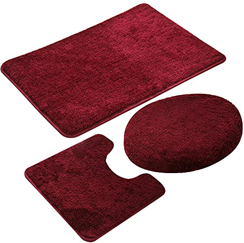3 Pieces Bathroom Rug Set,Non-Slip Bath Mats for Floors,Ultra Soft, Absorbent and Comfortable U-Shaped Contour Rug, Floor Mat and Toilet Lid Cover (Wine Red)
