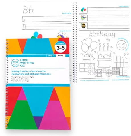 Love Writing Co Handwriting övningsbok 2 för 3-5 år -Ord- och alfabetsbildning | För tidig utbildning | Spårnings- och färgövningar, undervisar fonik, inkluderar belöningsklistermärken