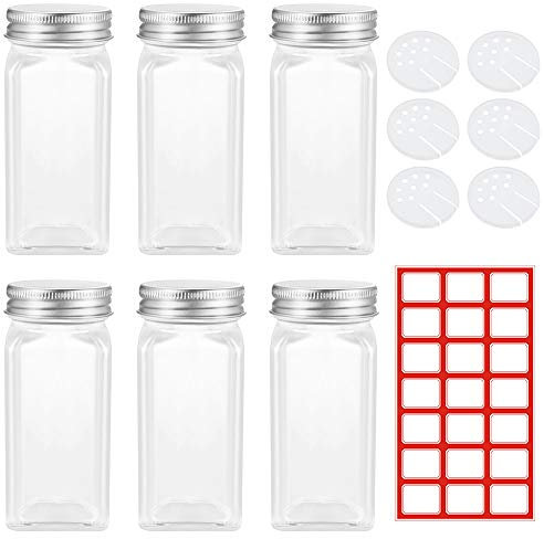 TXErfolg 6 Stück Gewürzgläser aus Glas 110ml Leere Gewürzstreuer Quadratische Glasbehälter mit 21 Stücken Selbstklebendes Etikett Aufbewahrung von Tee Kräutern Gewürzen