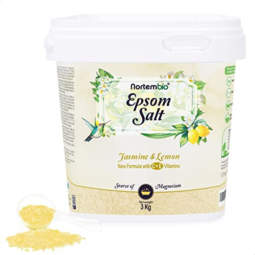 Nortembio Sali di Epsom 100% Fragranza Gelsomino e Limone 3 kg – Fonte Naturale di Magnesio | Con Vitamina C ed E Idratante | Per Bagni Rilassanti, Spa e Cura della Pelle + E-Book Gratuito