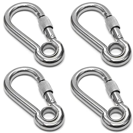 PRIOstahl Karabiner Karabinerhaken mit Sicherheitsmutter und Kausche - 7 x 70mm x 4 Stück mit Schraubsicherung Verbindungsglied Schraubkarabiner Befestigung Hängesessel Boxsack Edelstahl V4A
