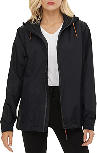 LeSies Women's Rain Jacket Lightweight Waterproof Rain Coat with Hooded Windproof Adjustable Windbreaker,YY6336W-Black-XS